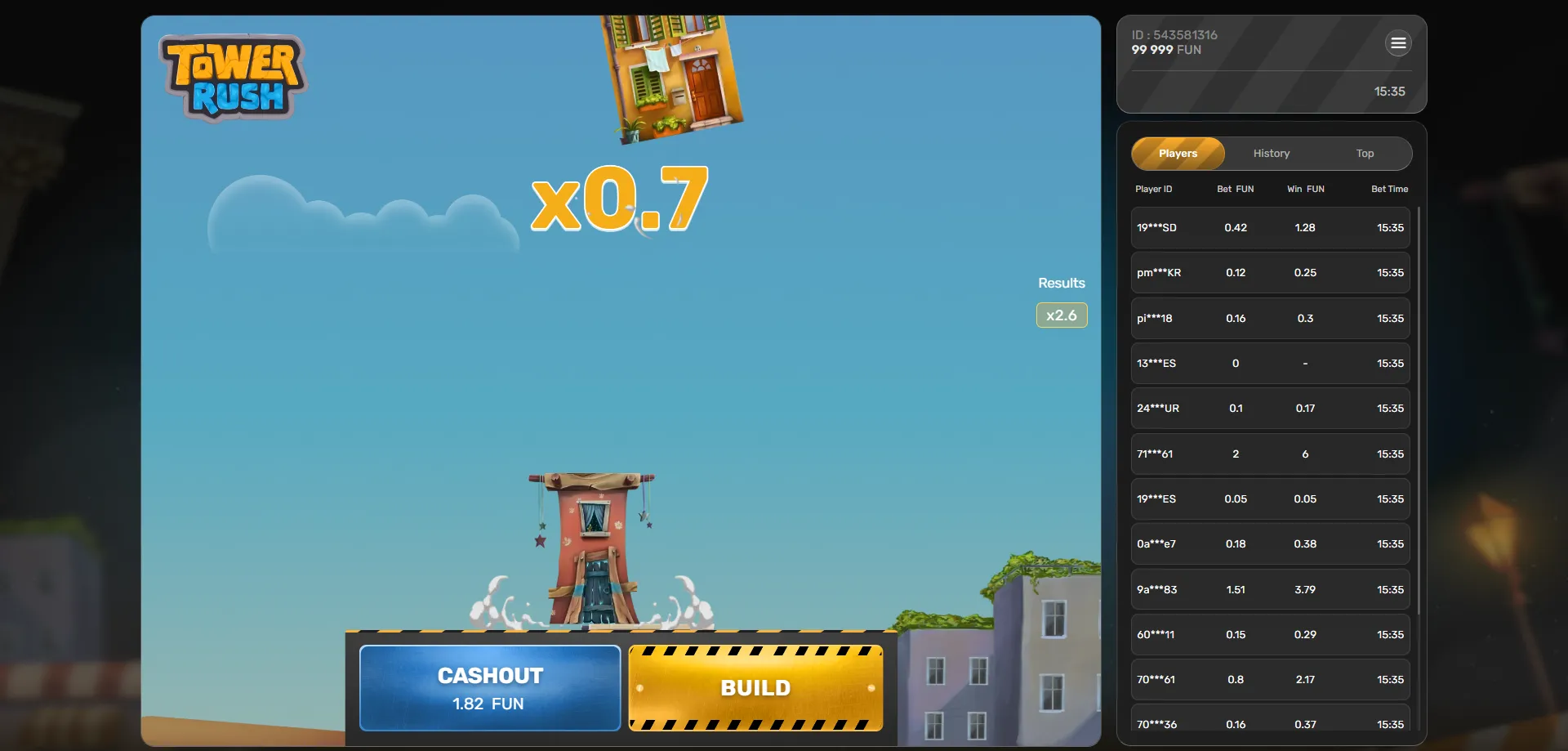 Tower Rush real money crash game by Galaxsys for Malaysian players